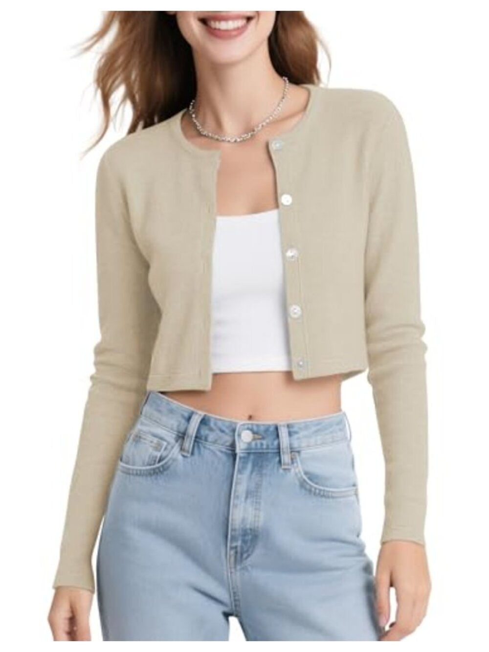 Women's Long Sleeve Button Up Cropped Cardigan Sweater Crew Neck Bolero Shrug